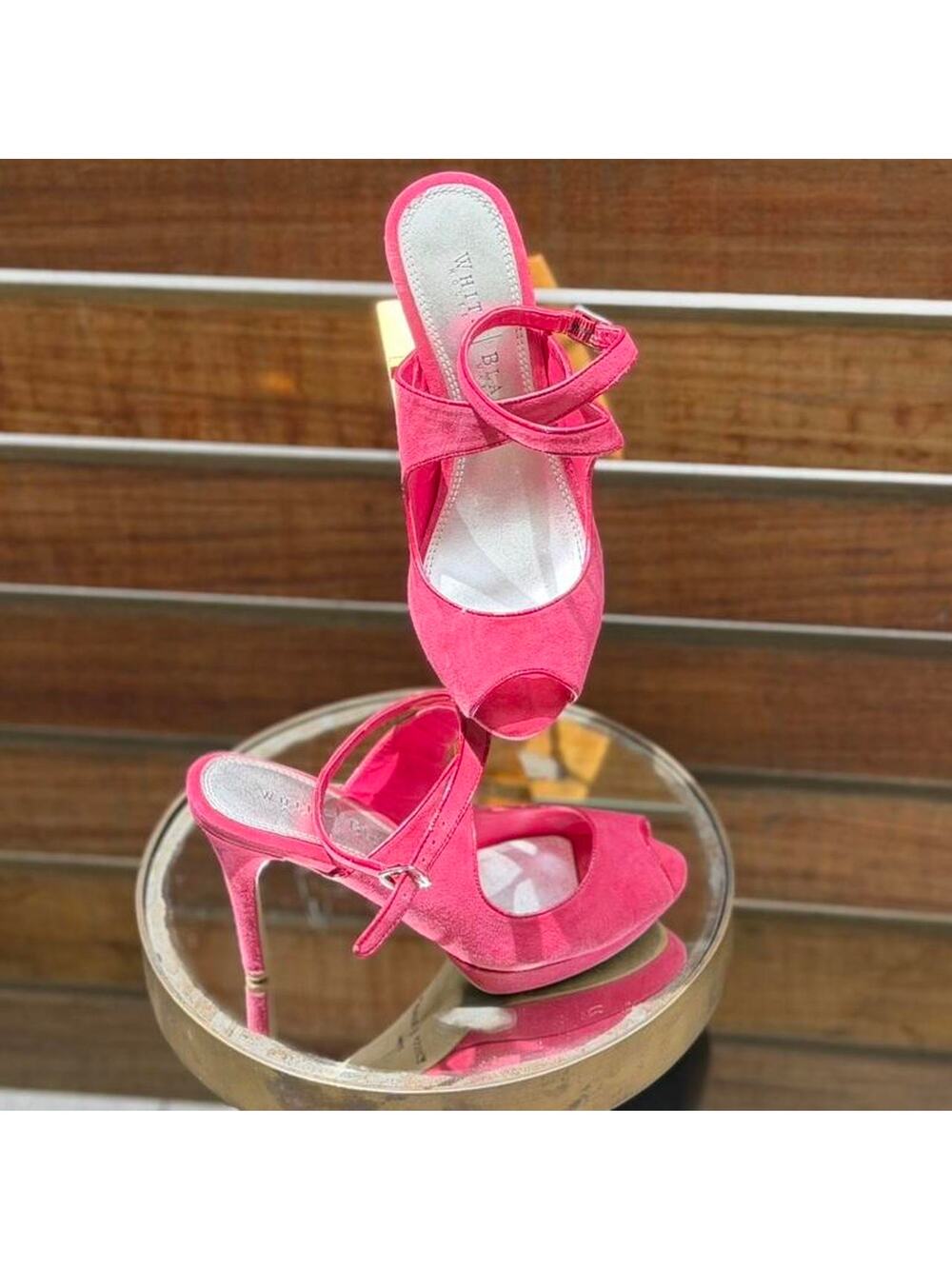 White House Black Market Pink Suede Peep Toe Heels Strappy Platform Size 7.5